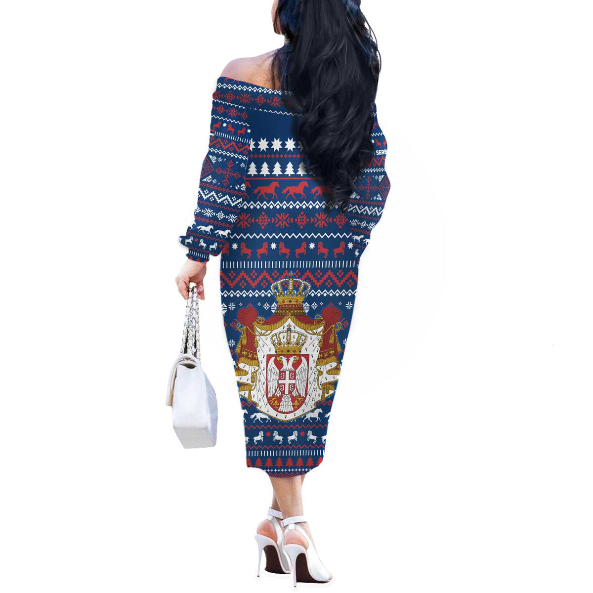 Serbia Christmas Off The Shoulder Long Sleeve Dress with Traditional Santa Eagle Serbian Coat of Arms and Blue Red White Folk Pattern Design - Wonder Print Shop