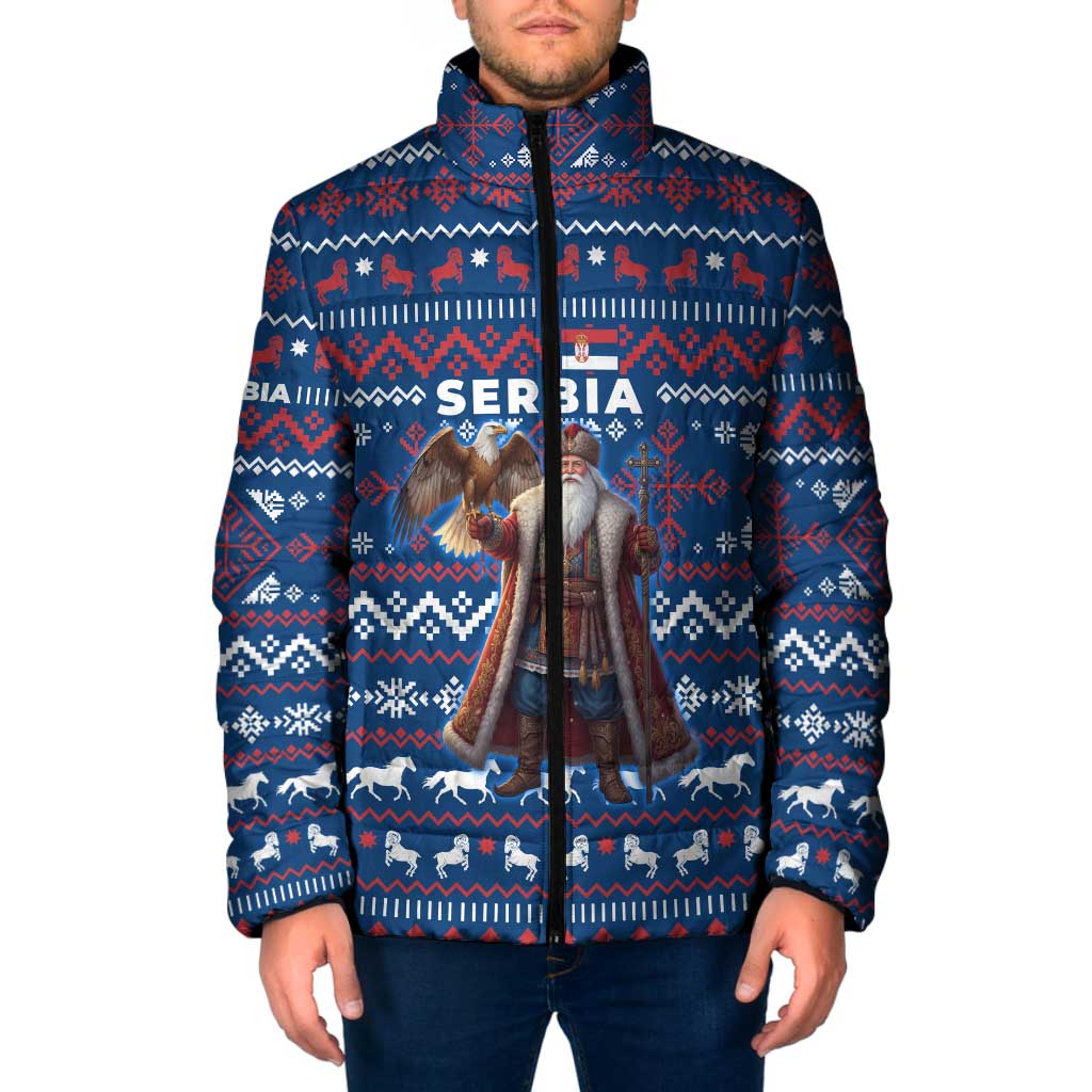 Serbia Christmas Padded Jacket with Traditional Santa Eagle Serbian Coat of Arms and Blue Red White Folk Pattern Design - Wonder Print Shop