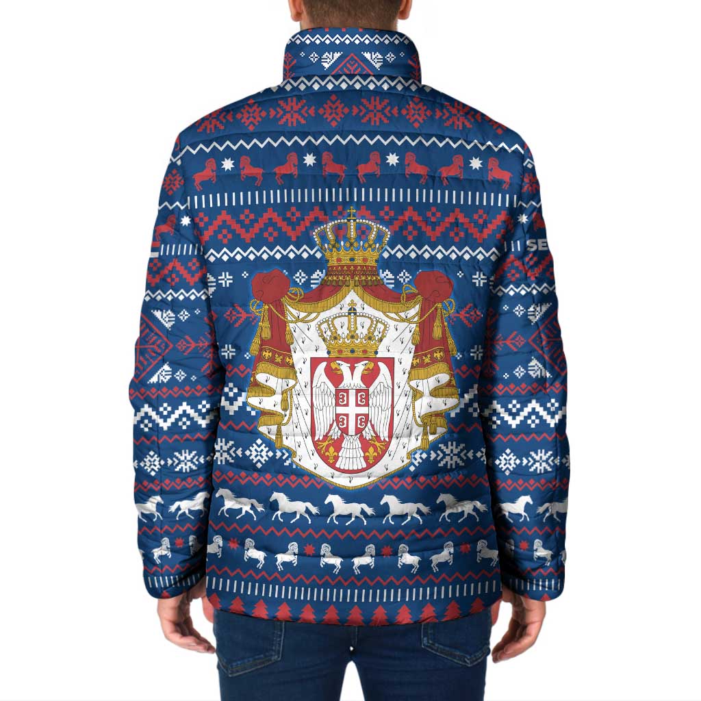 Serbia Christmas Padded Jacket with Traditional Santa Eagle Serbian Coat of Arms and Blue Red White Folk Pattern Design - Wonder Print Shop