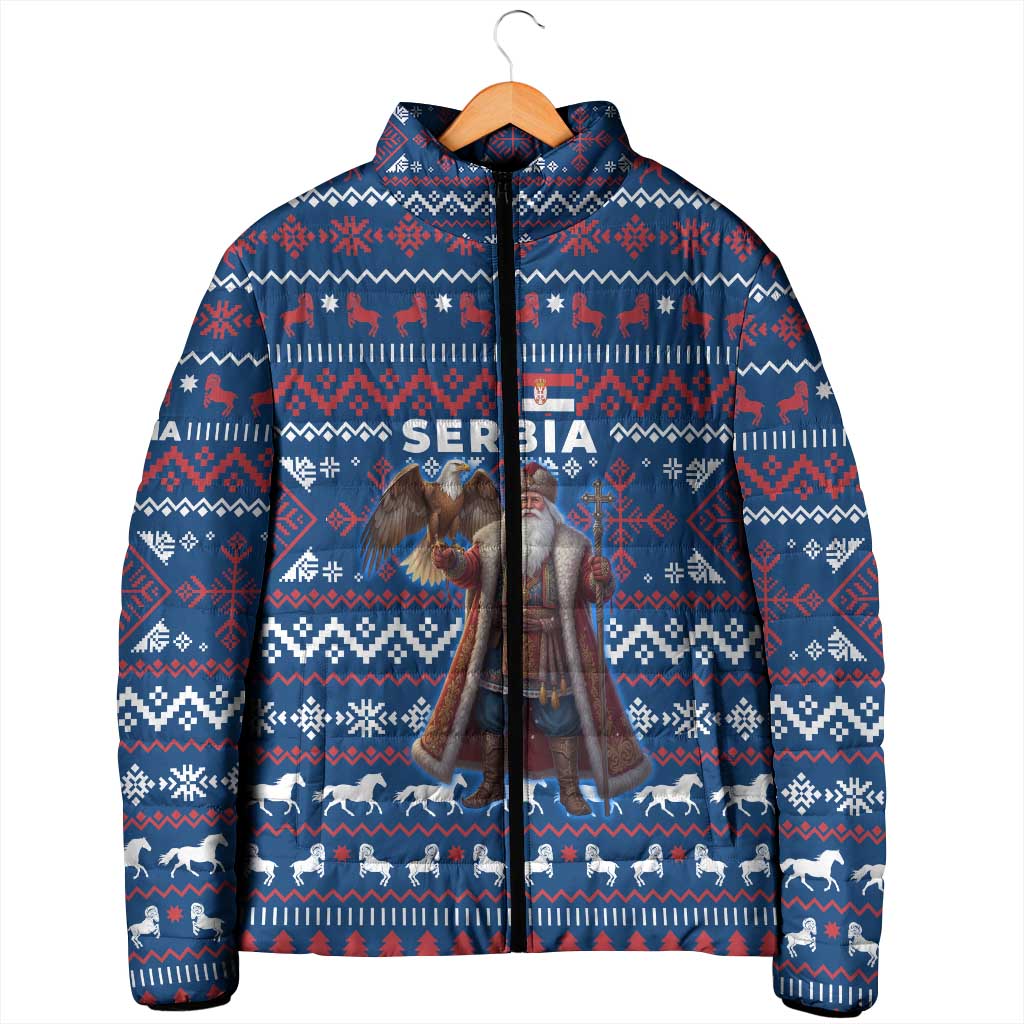 Serbia Christmas Padded Jacket with Traditional Santa Eagle Serbian Coat of Arms and Blue Red White Folk Pattern Design - Wonder Print Shop