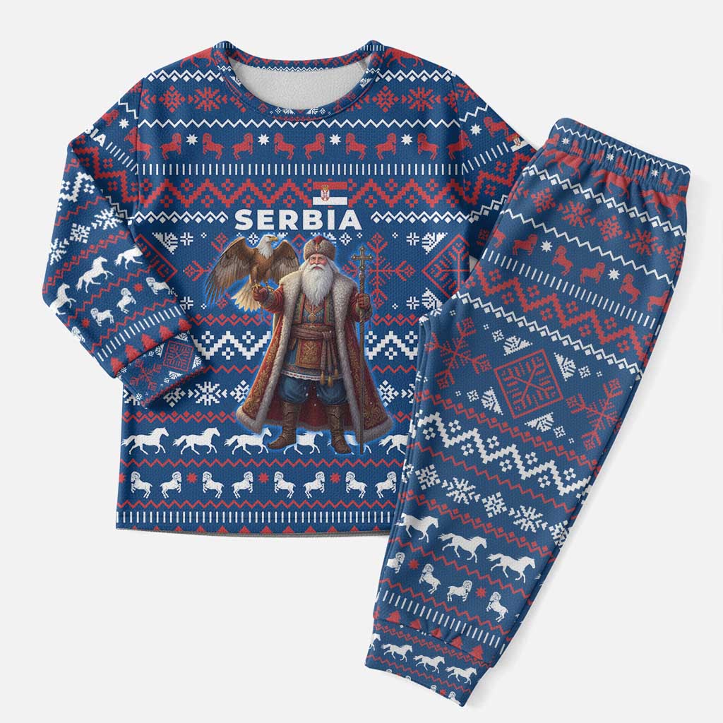 Serbia Christmas Pajama Set with Traditional Santa Eagle Serbian Coat of Arms and Blue Red White Folk Pattern Design - Wonder Print Shop