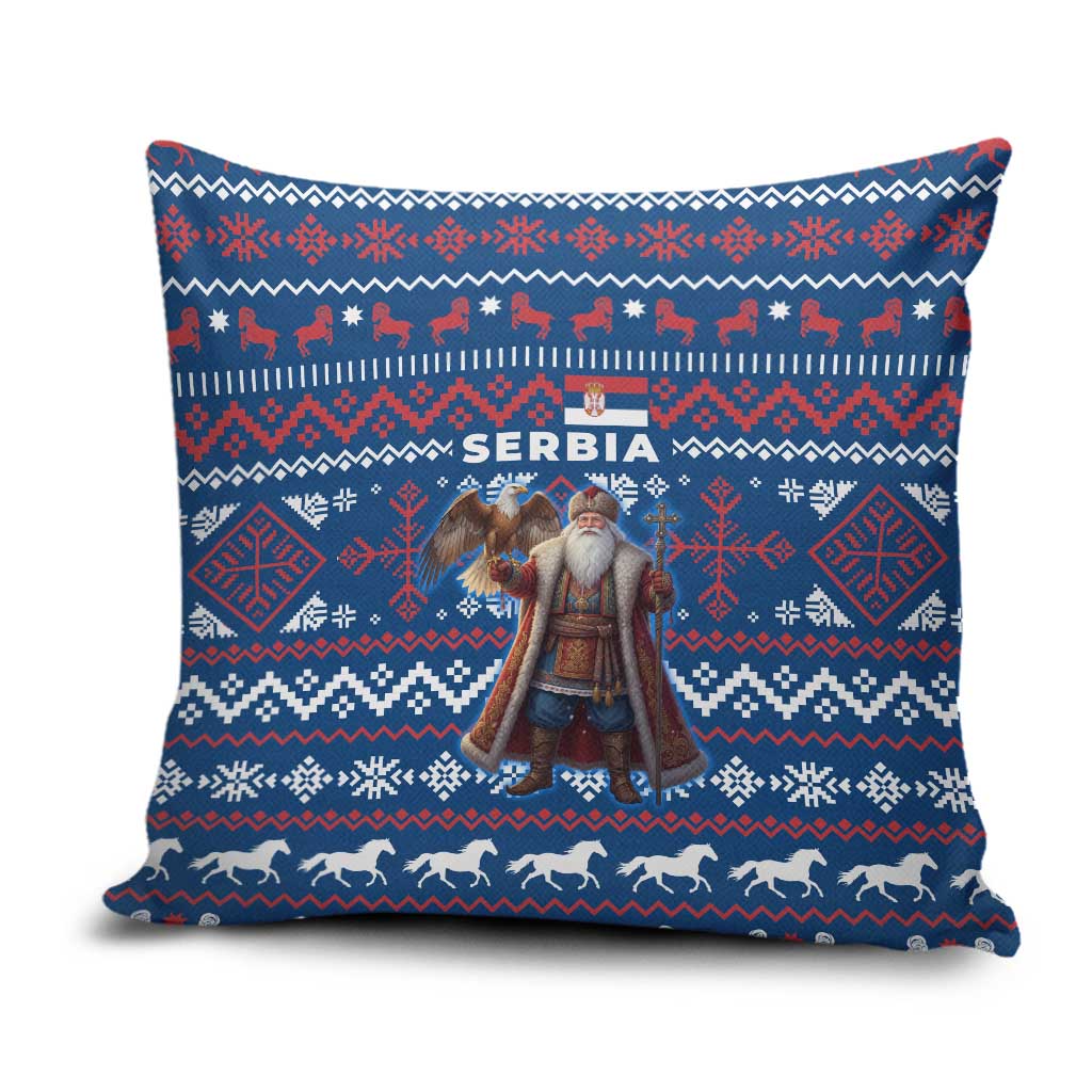 Serbia Christmas Pillow Cover with Traditional Santa Eagle Serbian Coat of Arms and Blue Red White Folk Pattern Design - Wonder Print Shop