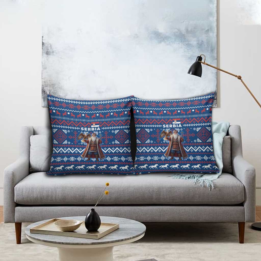 Serbia Christmas Pillow Cover with Traditional Santa Eagle Serbian Coat of Arms and Blue Red White Folk Pattern Design - Wonder Print Shop