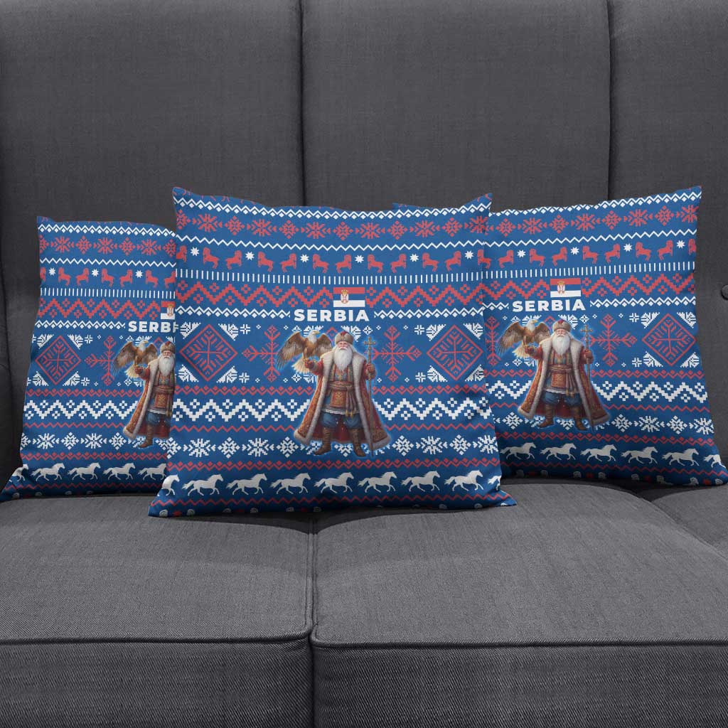 Serbia Christmas Pillow Cover with Traditional Santa Eagle Serbian Coat of Arms and Blue Red White Folk Pattern Design - Wonder Print Shop