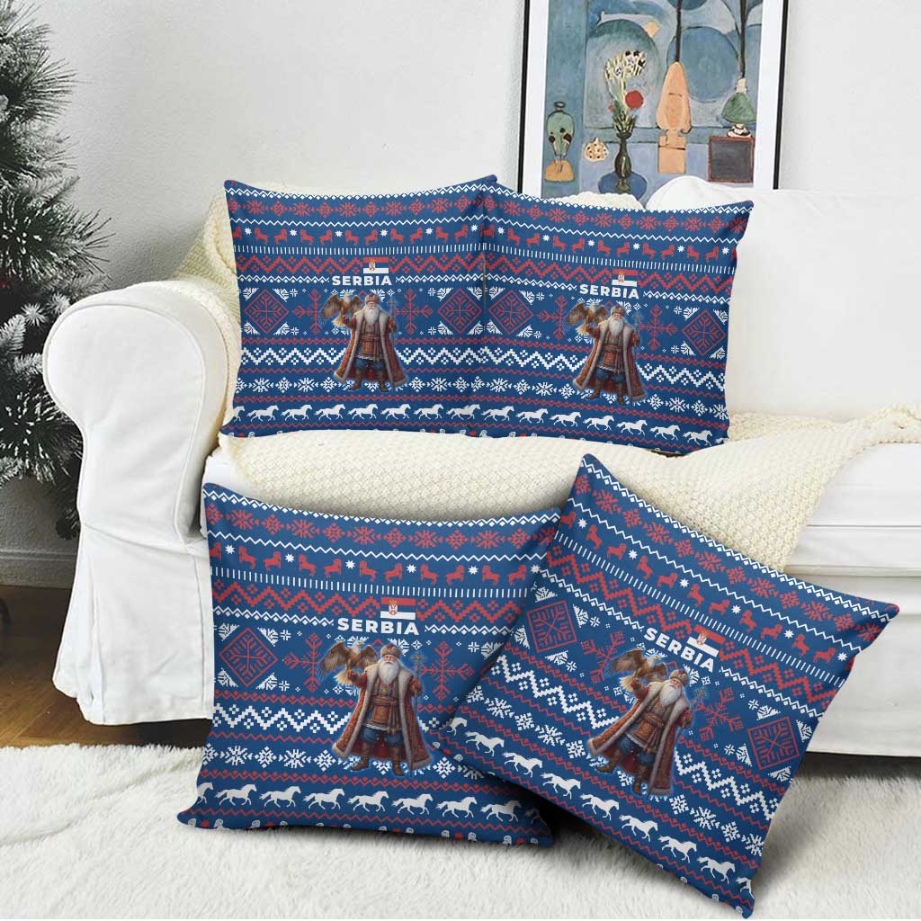 Serbia Christmas Pillow Cover with Traditional Santa Eagle Serbian Coat of Arms and Blue Red White Folk Pattern Design - Wonder Print Shop