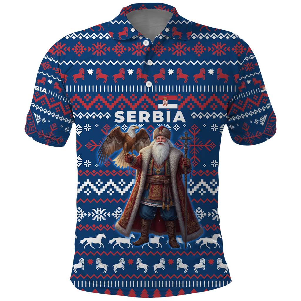 Serbia Christmas Polo Shirt with Traditional Santa Eagle Serbian Coat of Arms and Blue Red White Folk Pattern Design - Wonder Print Shop