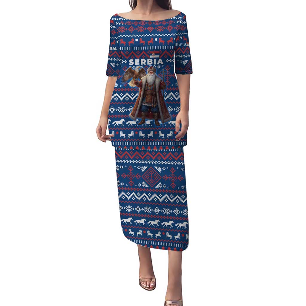 Serbia Christmas Puletasi with Traditional Santa Eagle Serbian Coat of Arms and Blue Red White Folk Pattern Design - Wonder Print Shop