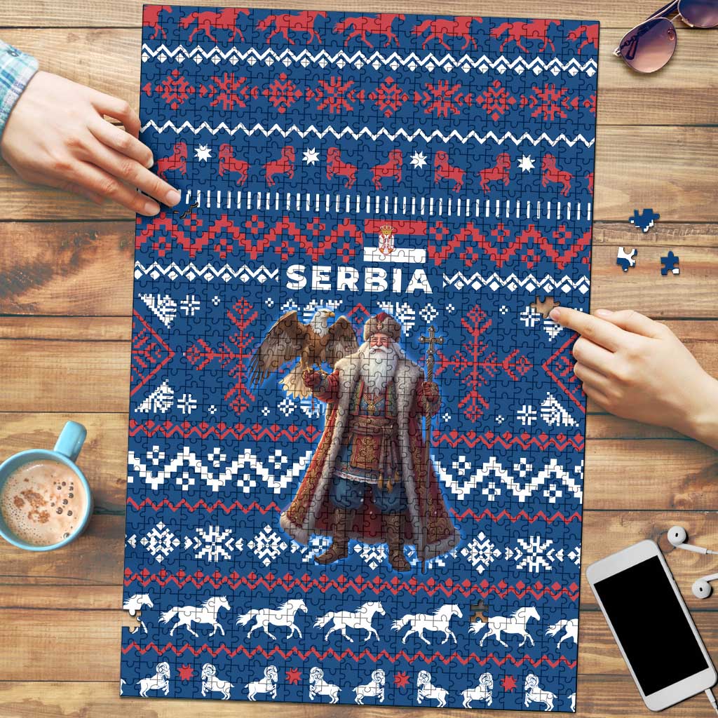Serbia Christmas Puzzle with Traditional Santa Eagle Serbian Coat of Arms and Blue Red White Folk Pattern Design - Wonder Print Shop