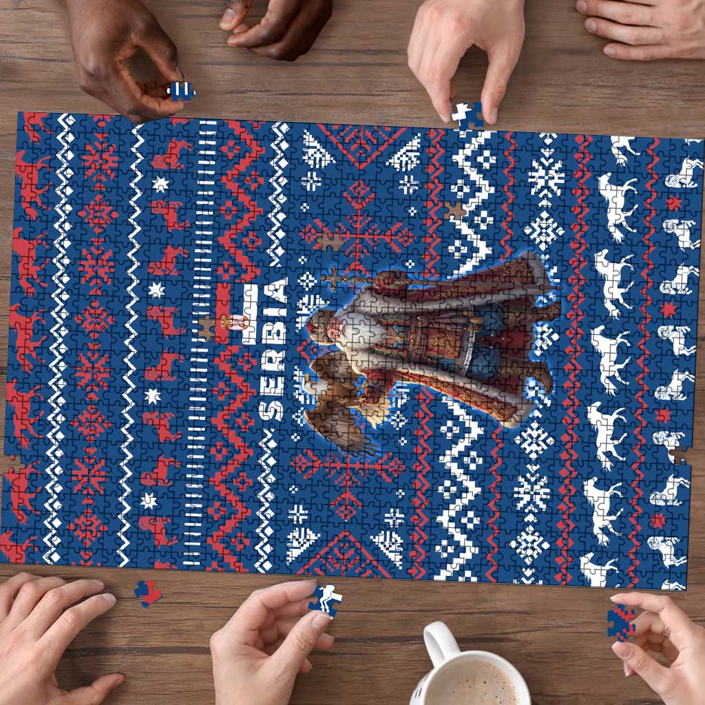Serbia Christmas Puzzle with Traditional Santa Eagle Serbian Coat of Arms and Blue Red White Folk Pattern Design - Wonder Print Shop