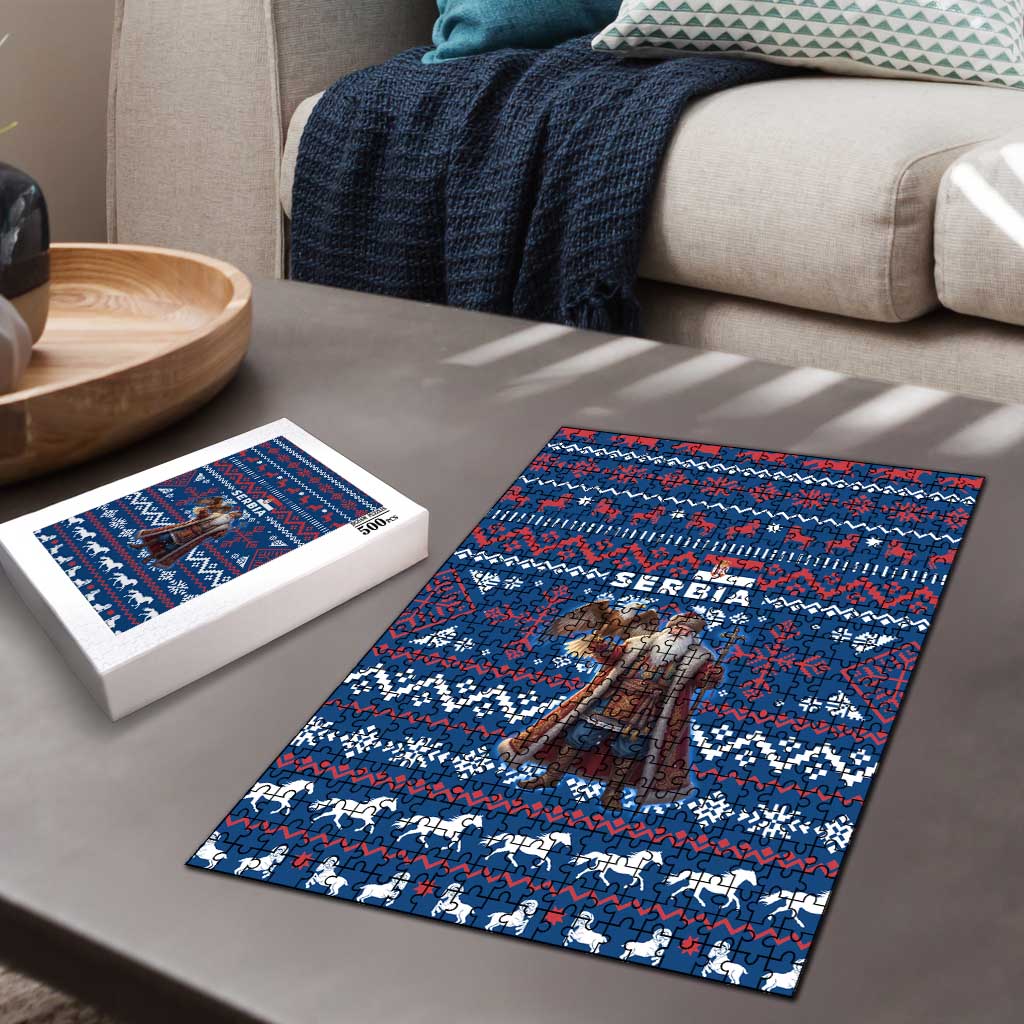 Serbia Christmas Puzzle with Traditional Santa Eagle Serbian Coat of Arms and Blue Red White Folk Pattern Design - Wonder Print Shop