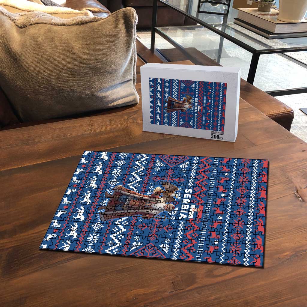 Serbia Christmas Puzzle with Traditional Santa Eagle Serbian Coat of Arms and Blue Red White Folk Pattern Design - Wonder Print Shop