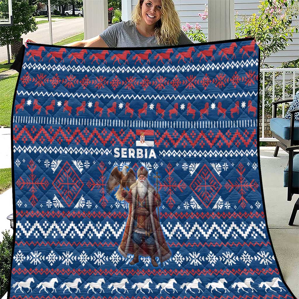 Serbia Christmas Quilt with Traditional Santa Eagle Serbian Coat of Arms and Blue Red White Folk Pattern Design - Wonder Print Shop