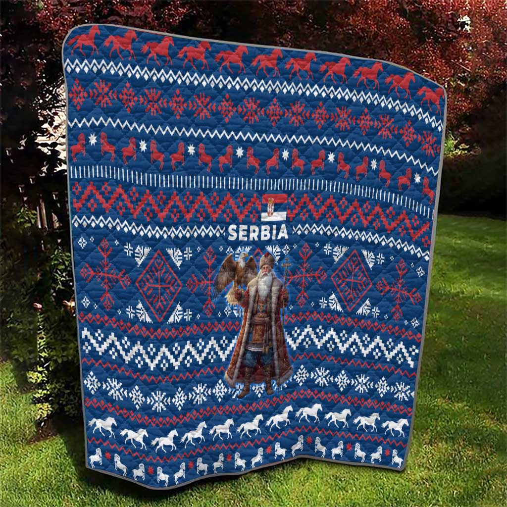 Serbia Christmas Quilt with Traditional Santa Eagle Serbian Coat of Arms and Blue Red White Folk Pattern Design - Wonder Print Shop