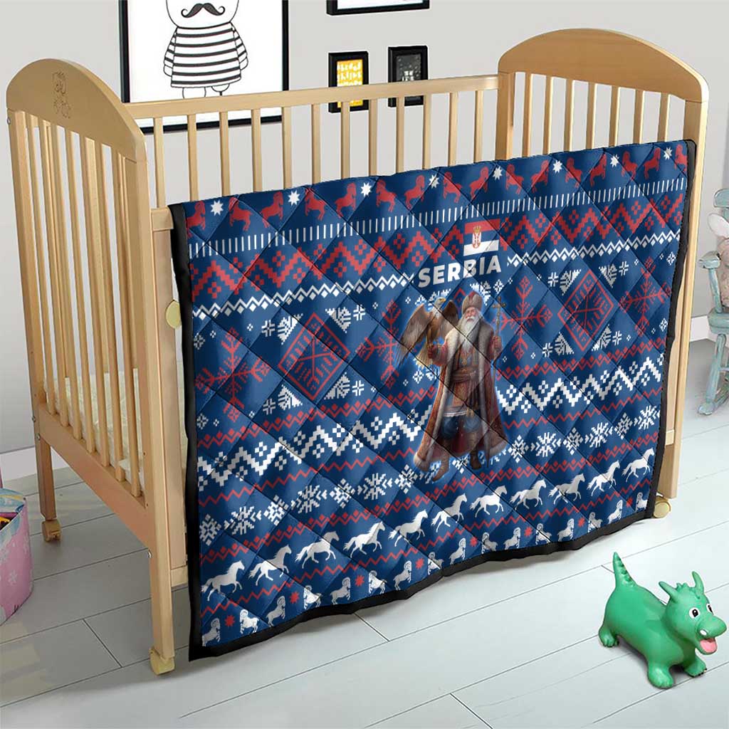 Serbia Christmas Quilt with Traditional Santa Eagle Serbian Coat of Arms and Blue Red White Folk Pattern Design - Wonder Print Shop
