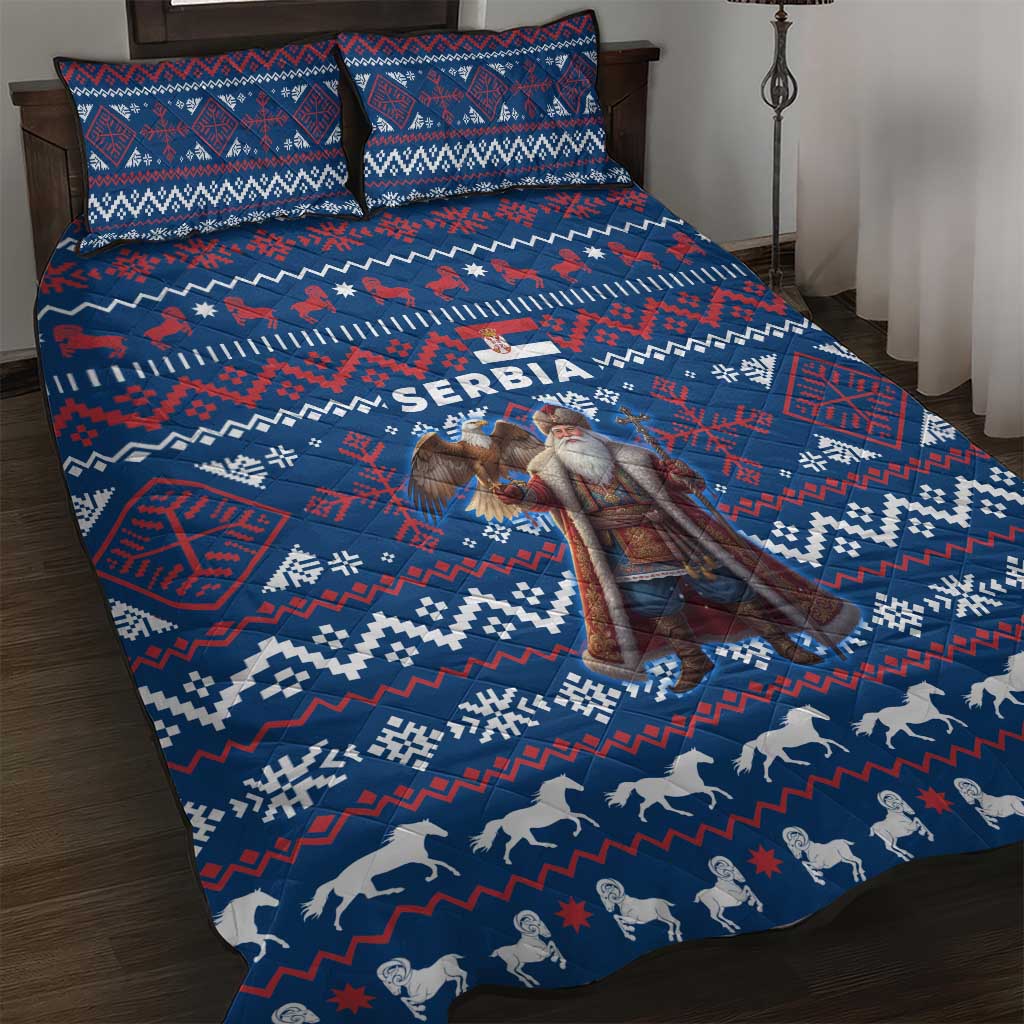 Serbia Christmas Quilt Bed Set with Traditional Santa Eagle Serbian Coat of Arms and Blue Red White Folk Pattern Design - Wonder Print Shop