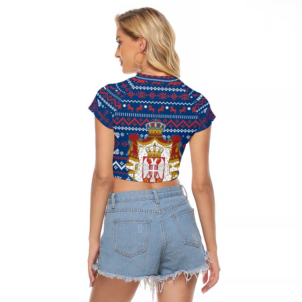 Serbia Christmas Raglan Cropped T Shirt with Traditional Santa Eagle Serbian Coat of Arms and Blue Red White Folk Pattern Design - Wonder Print Shop