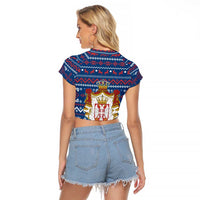 Serbia Christmas Raglan Cropped T Shirt with Traditional Santa Eagle Serbian Coat of Arms and Blue Red White Folk Pattern Design - Wonder Print Shop