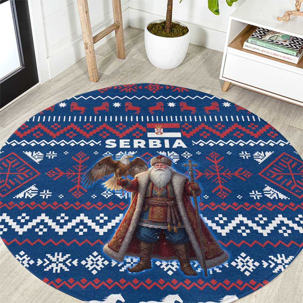 Serbia Christmas Round Carpet with Traditional Santa Eagle Serbian Coat of Arms and Blue Red White Folk Pattern Design - Wonder Print Shop