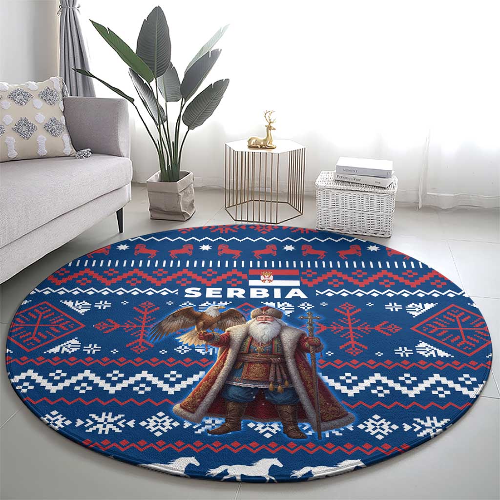 Serbia Christmas Round Carpet with Traditional Santa Eagle Serbian Coat of Arms and Blue Red White Folk Pattern Design - Wonder Print Shop