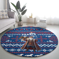 Serbia Christmas Round Carpet with Traditional Santa Eagle Serbian Coat of Arms and Blue Red White Folk Pattern Design - Wonder Print Shop