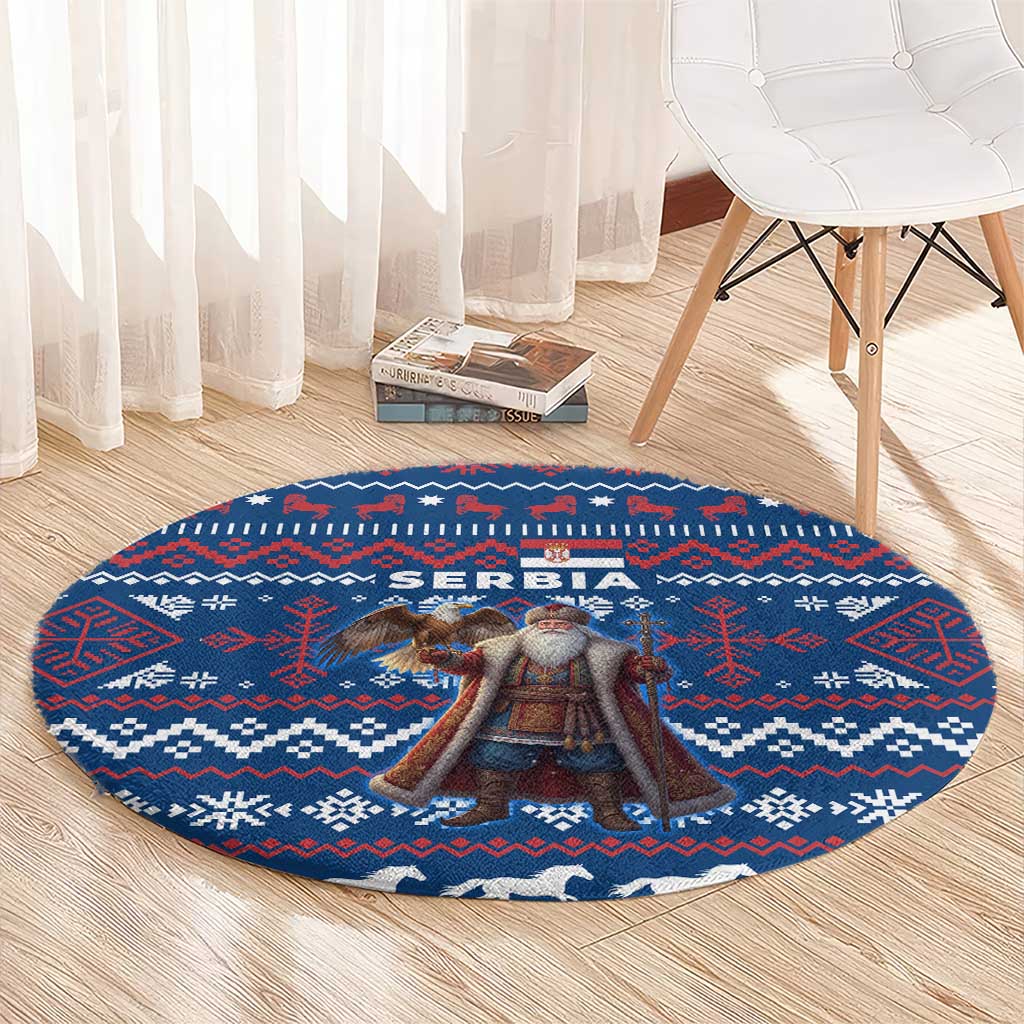 Serbia Christmas Round Carpet with Traditional Santa Eagle Serbian Coat of Arms and Blue Red White Folk Pattern Design - Wonder Print Shop