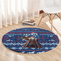 Serbia Christmas Round Carpet with Traditional Santa Eagle Serbian Coat of Arms and Blue Red White Folk Pattern Design - Wonder Print Shop