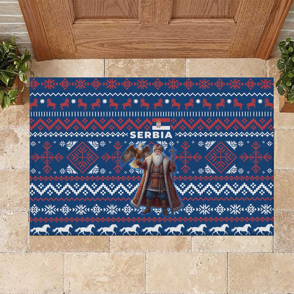 Serbia Christmas Rubber Doormat with Traditional Santa Eagle Serbian Coat of Arms and Blue Red White Folk Pattern Design - Wonder Print Shop