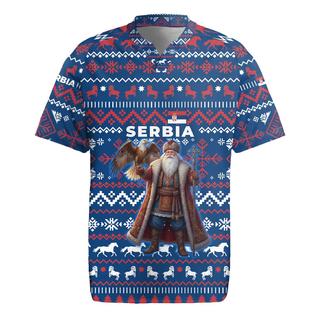 Serbia Christmas Rugby Jersey with Traditional Santa Eagle Serbian Coat of Arms and Blue Red White Folk Pattern Design - Wonder Print Shop