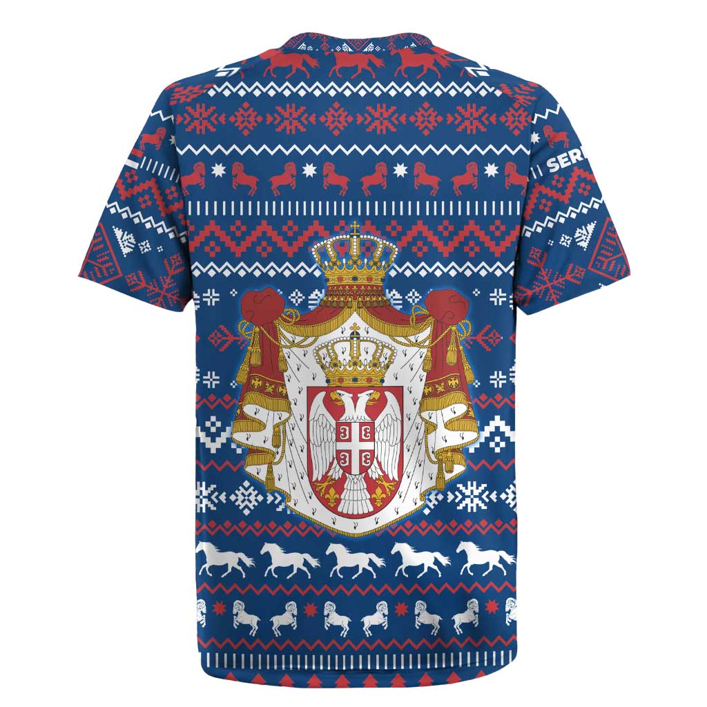 Serbia Christmas Rugby Jersey with Traditional Santa Eagle Serbian Coat of Arms and Blue Red White Folk Pattern Design - Wonder Print Shop
