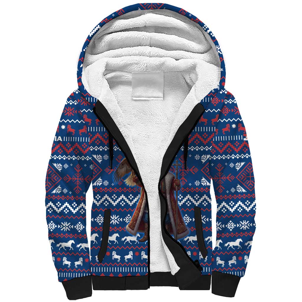 Serbia Christmas Sherpa Hoodie with Traditional Santa Eagle Serbian Coat of Arms and Blue Red White Folk Pattern Design - Wonder Print Shop