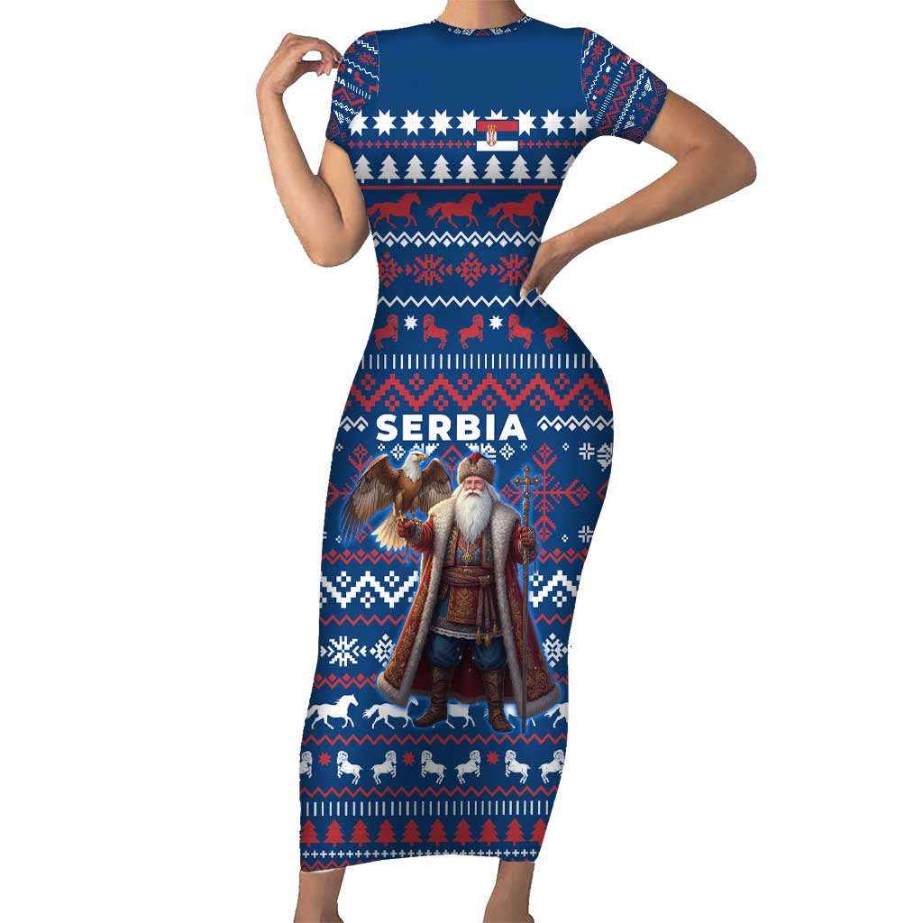 Serbia Christmas Short Sleeve Bodycon Dress with Traditional Santa Eagle Serbian Coat of Arms and Blue Red White Folk Pattern Design - Wonder Print Shop