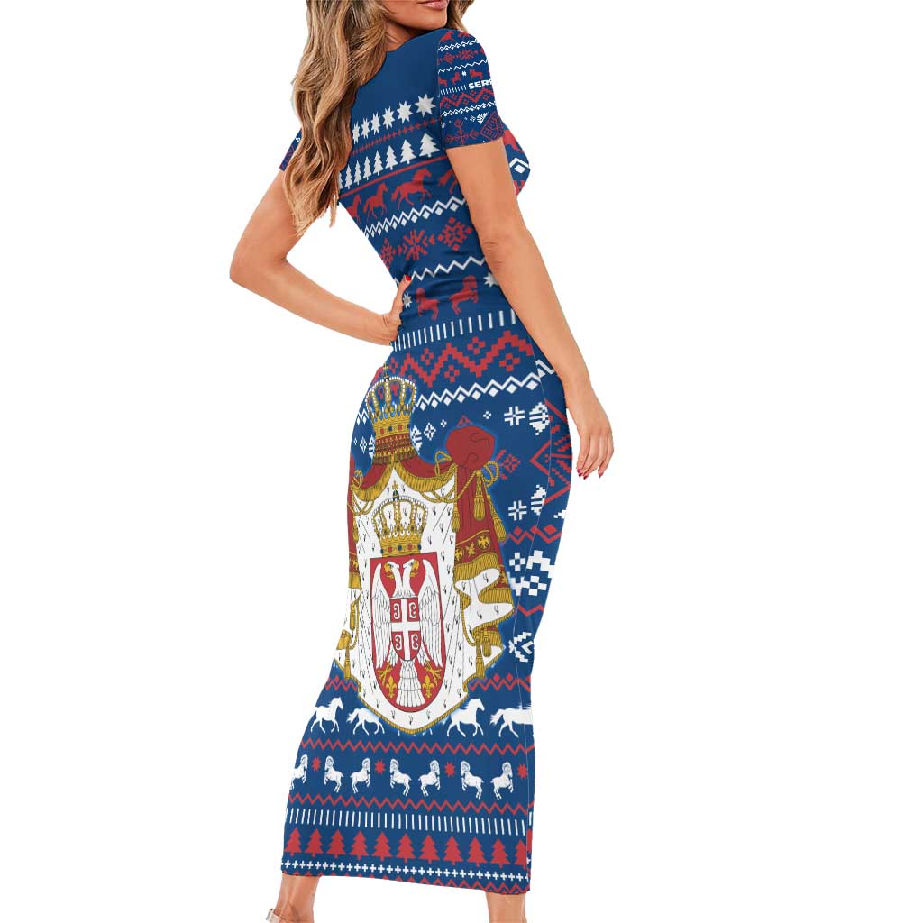 Serbia Christmas Short Sleeve Bodycon Dress with Traditional Santa Eagle Serbian Coat of Arms and Blue Red White Folk Pattern Design - Wonder Print Shop