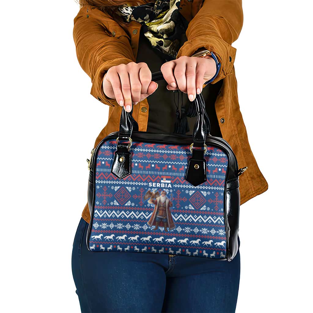 Serbia Christmas Shoulder Handbag with Traditional Santa Eagle Serbian Coat of Arms and Blue Red White Folk Pattern Design - Wonder Print Shop