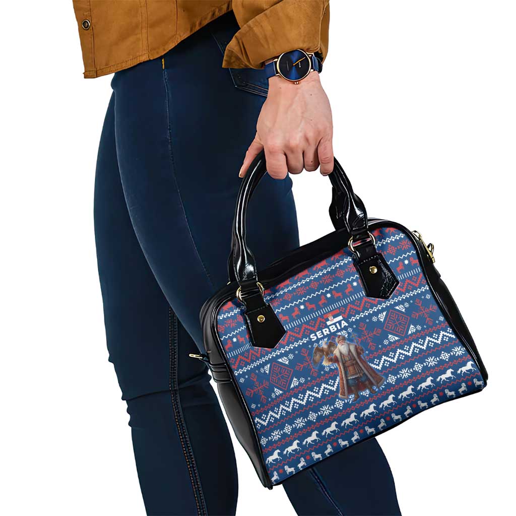 Serbia Christmas Shoulder Handbag with Traditional Santa Eagle Serbian Coat of Arms and Blue Red White Folk Pattern Design - Wonder Print Shop