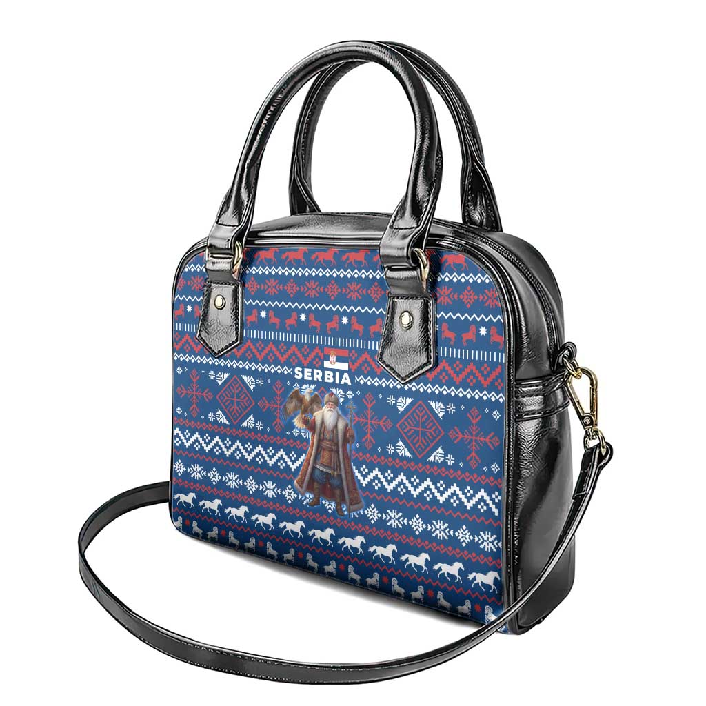 Serbia Christmas Shoulder Handbag with Traditional Santa Eagle Serbian Coat of Arms and Blue Red White Folk Pattern Design - Wonder Print Shop