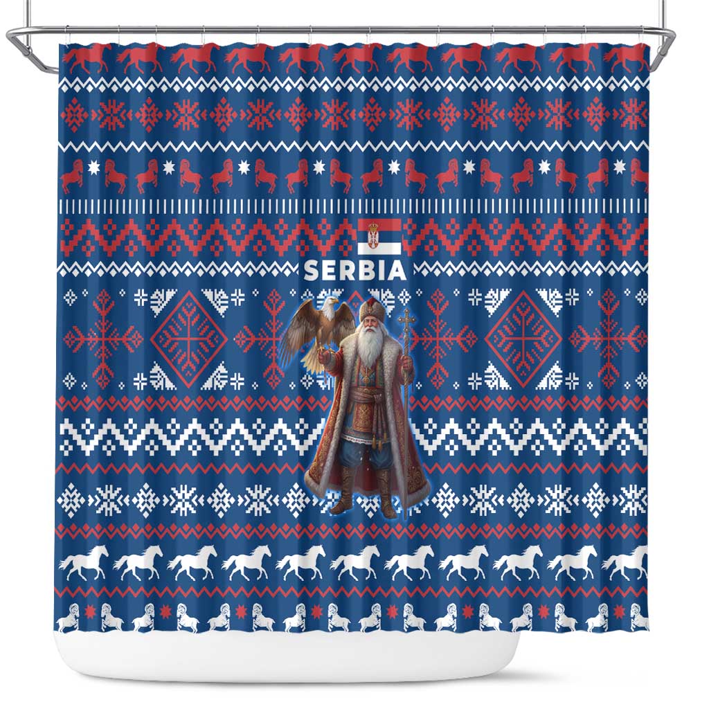Serbia Christmas Shower Curtain with Traditional Santa Eagle Serbian Coat of Arms and Blue Red White Folk Pattern Design - Wonder Print Shop