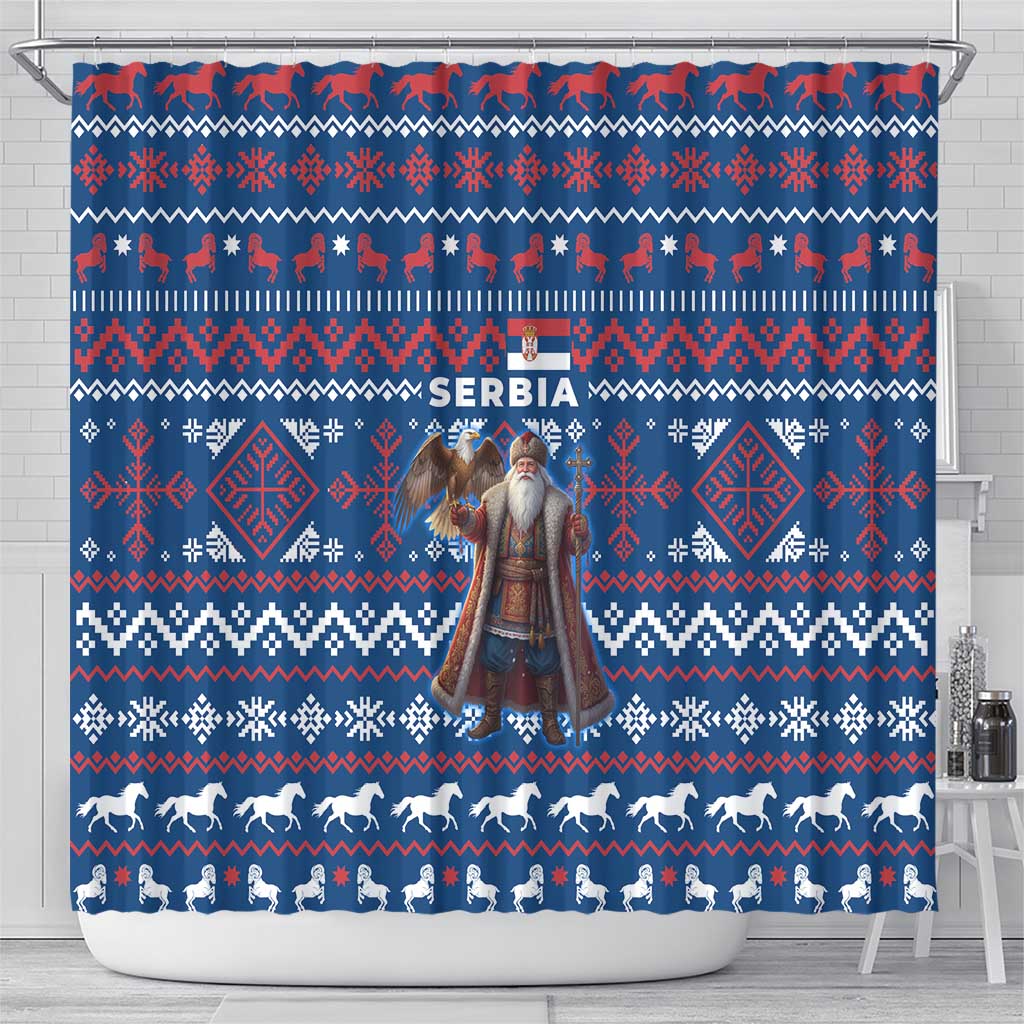 Serbia Christmas Shower Curtain with Traditional Santa Eagle Serbian Coat of Arms and Blue Red White Folk Pattern Design - Wonder Print Shop