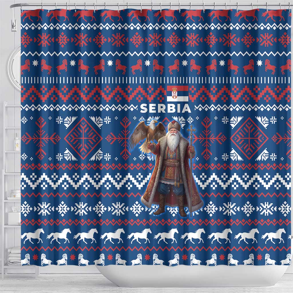 Serbia Christmas Shower Curtain with Traditional Santa Eagle Serbian Coat of Arms and Blue Red White Folk Pattern Design - Wonder Print Shop