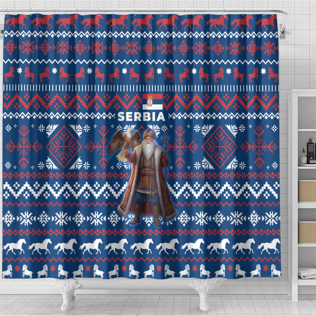 Serbia Christmas Shower Curtain with Traditional Santa Eagle Serbian Coat of Arms and Blue Red White Folk Pattern Design - Wonder Print Shop