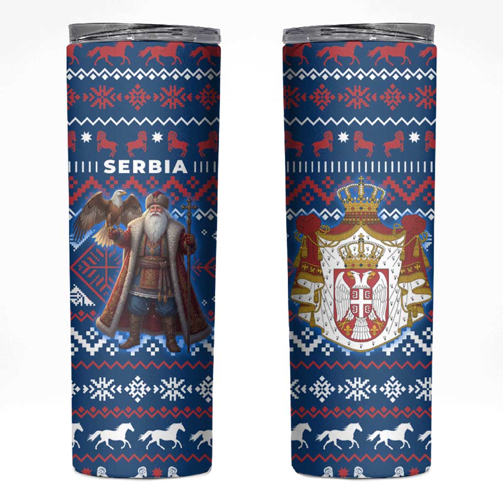 Serbia Christmas Skinny Tumbler with Traditional Santa Eagle Serbian Coat of Arms and Blue Red White Folk Pattern Design - Wonder Print Shop