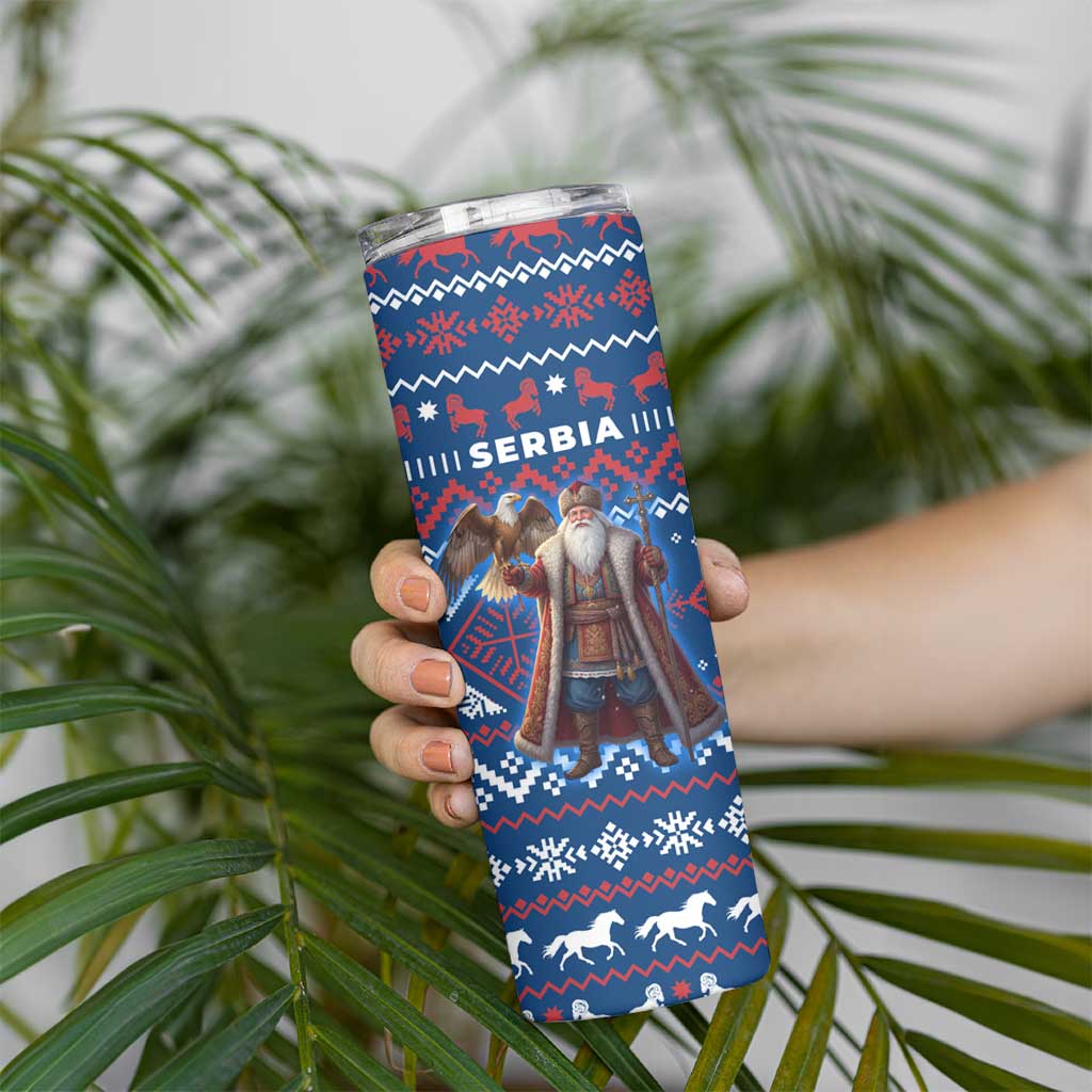 Serbia Christmas Skinny Tumbler with Traditional Santa Eagle Serbian Coat of Arms and Blue Red White Folk Pattern Design - Wonder Print Shop