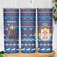 Serbia Christmas Skinny Tumbler with Traditional Santa Eagle Serbian Coat of Arms and Blue Red White Folk Pattern Design - Wonder Print Shop