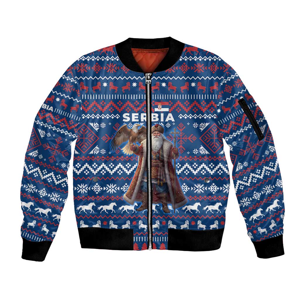 Serbia Christmas Sleeve Zip Bomber Jacket with Traditional Santa Eagle Serbian Coat of Arms and Blue Red White Folk Pattern Design - Wonder Print Shop