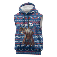 Serbia Christmas Sleeveless Hoodie with Traditional Santa Eagle Serbian Coat of Arms and Blue Red White Folk Pattern Design - Wonder Print Shop