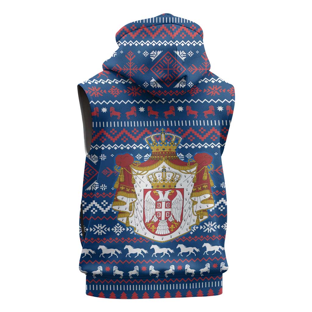 Serbia Christmas Sleeveless Hoodie with Traditional Santa Eagle Serbian Coat of Arms and Blue Red White Folk Pattern Design - Wonder Print Shop