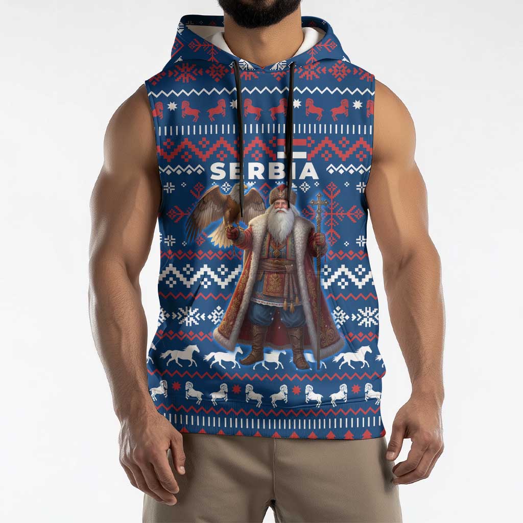 Serbia Christmas Sleeveless Hoodie with Traditional Santa Eagle Serbian Coat of Arms and Blue Red White Folk Pattern Design - Wonder Print Shop