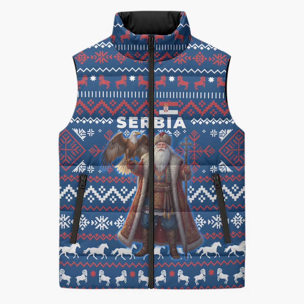 Serbia Christmas Sleeveless Puffer Jacket with Traditional Santa Eagle Serbian Coat of Arms and Blue Red White Folk Pattern Design - Wonder Print Shop