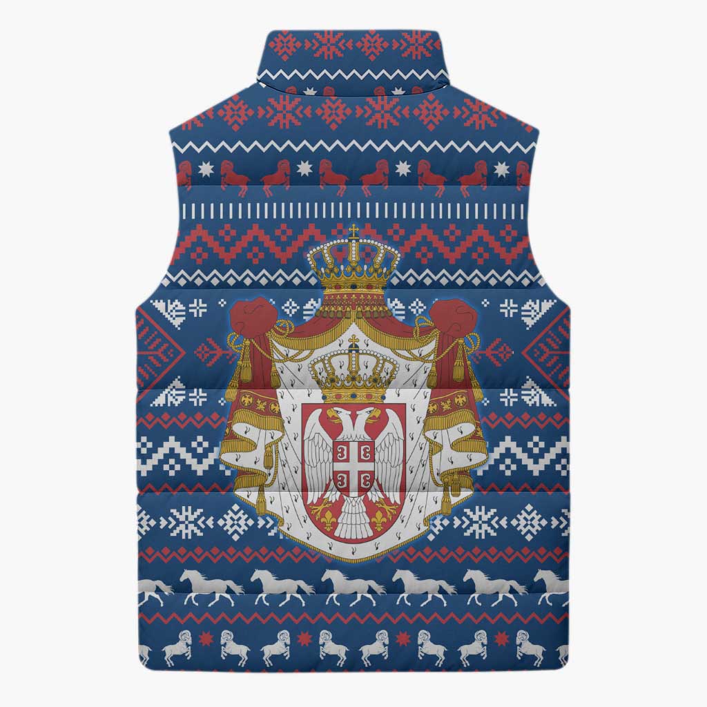 Serbia Christmas Sleeveless Puffer Jacket with Traditional Santa Eagle Serbian Coat of Arms and Blue Red White Folk Pattern Design - Wonder Print Shop