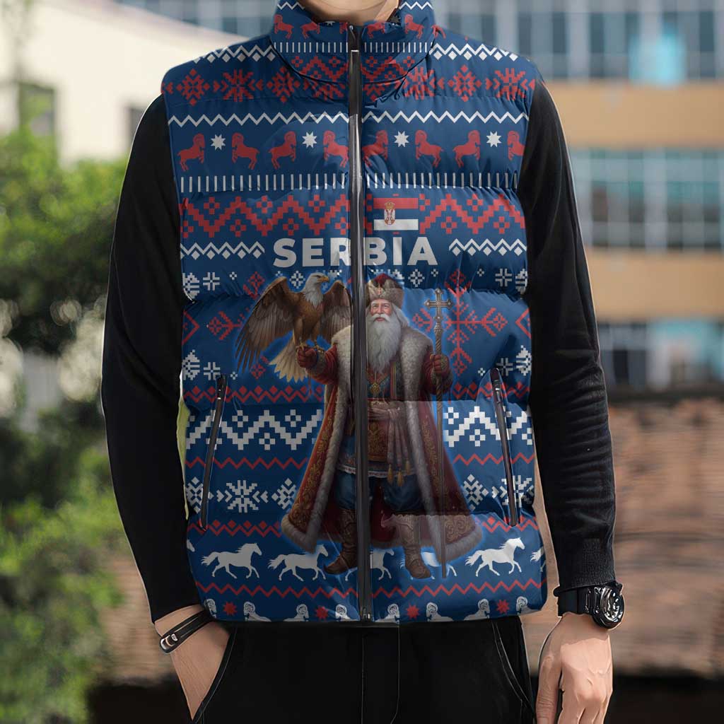 Serbia Christmas Sleeveless Puffer Jacket with Traditional Santa Eagle Serbian Coat of Arms and Blue Red White Folk Pattern Design - Wonder Print Shop
