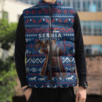 Serbia Christmas Sleeveless Puffer Jacket with Traditional Santa Eagle Serbian Coat of Arms and Blue Red White Folk Pattern Design - Wonder Print Shop